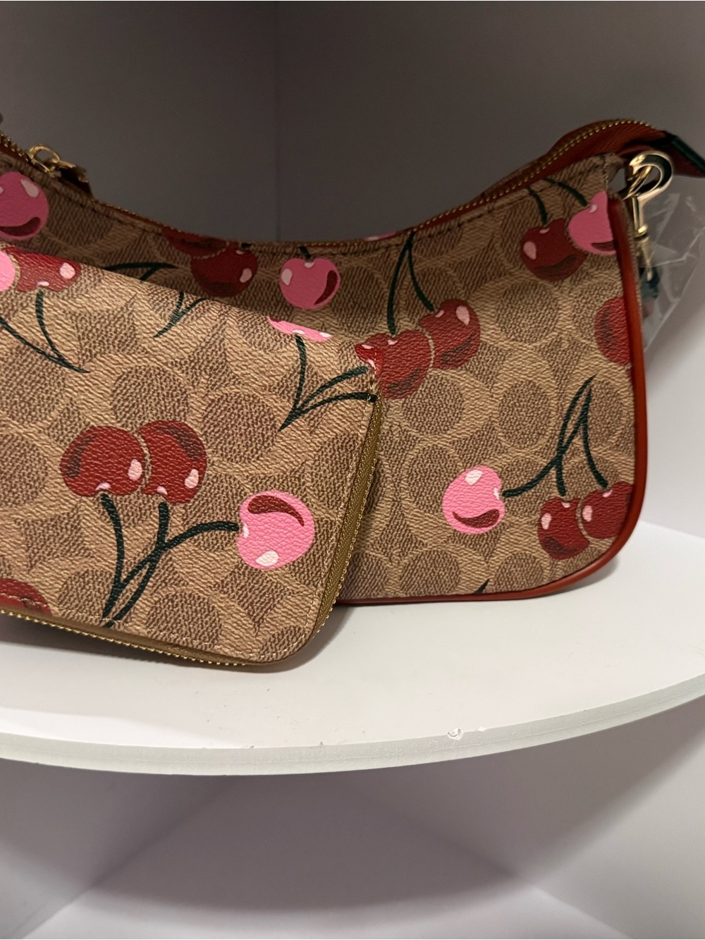 Cherry Print Shoulder Bag in Brown and Pink